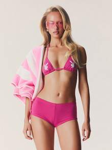 Missguided x Playboy 女士三角比基尼上衣搭配同款平角泳裤套装，饰有白色兔子图案印花，夏季沙滩泳装两件套 - 玫紅色 - 查看 1