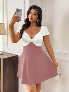 Femmeverse Vestido de fiesta elegante con cintura fruncida y parches para mujer de talla grande - Multicolor - Ver 4