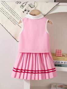 Elladie kids 两件套女童校服套装，包括一件无袖针织T恤上衣和一条百褶迷你裙，适合上学、旅行、户外活动、演出和日常穿着。 - 粉色 - 查看 2