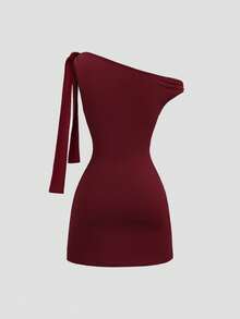 Sweetra Women's Solid Color Ruched Twist Shoulder Pleated Dress, Spring/Summer - Burgundy - View 2