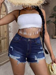 SHEIN PETITE CURVE Plus Size Women's Y2K High Waist Distressed Denim Shorts Dark Blue Ripped Frayed Hem Casual Summer Streetwear Plus Size Summer Casual Washed Distressed Denim Shorts - Dark Wash - View 4