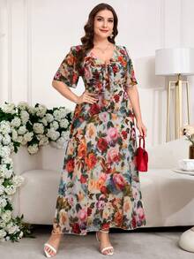 Reflora Plus Size Women's Beige Summer Floral Print Maxi Dress,Boho Tie Front Ruffle Sleeve V-Neck Elegant Dress For Vacation,Holiday Wedding Tea Party Guest - Multicolor - View 6