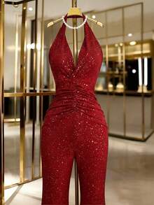 Franclia 女士优雅性感休闲派对金属光泽V领露背修身喇叭裤连体裤，纯红色 - 紅色 - 查看 3