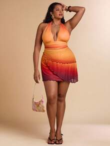 SHEIN BAE 大码女士渐变色吊带不对称迷你连衣裙，金属扣无袖连衣裙 - 彩色 - 查看 4