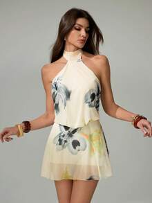 SHEIN Tall Đầm ngắn màu vàng thanh lịch in hoa, hở lưng, kiểu yếm, thích hợp cho nữ, mùa hè, đi nghỉ mát, gợi cảm, màu vàng, đi chơi, hẹn hò. - Màu vàng - Xem 10