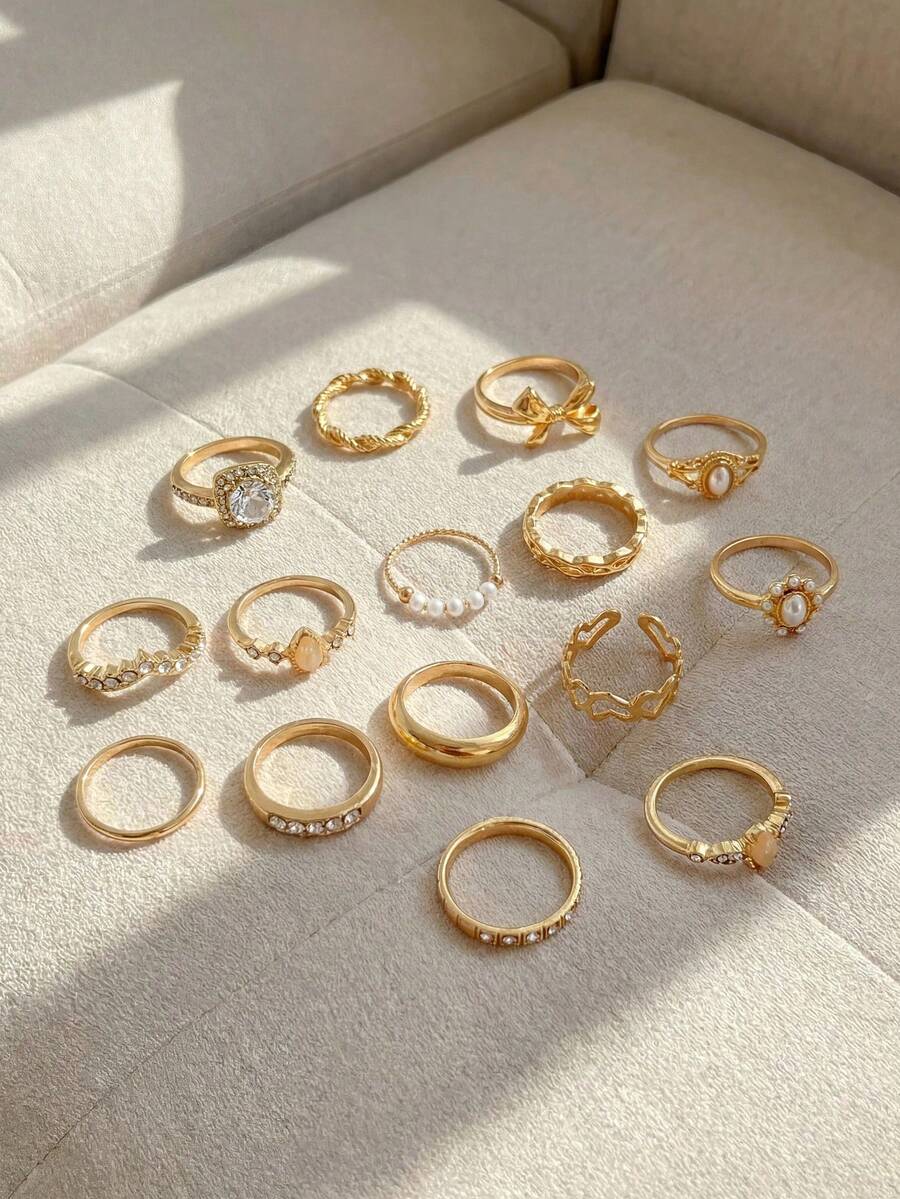 Resyla 15pcs Luxury Cubic Zirconia Stacking Rings, Fashion Bowknot, Pearl, Heart Rings Adjustable For Women, Suitable For Daily, Wedding, Party, Gift For Friends And Family - Gold - View 1