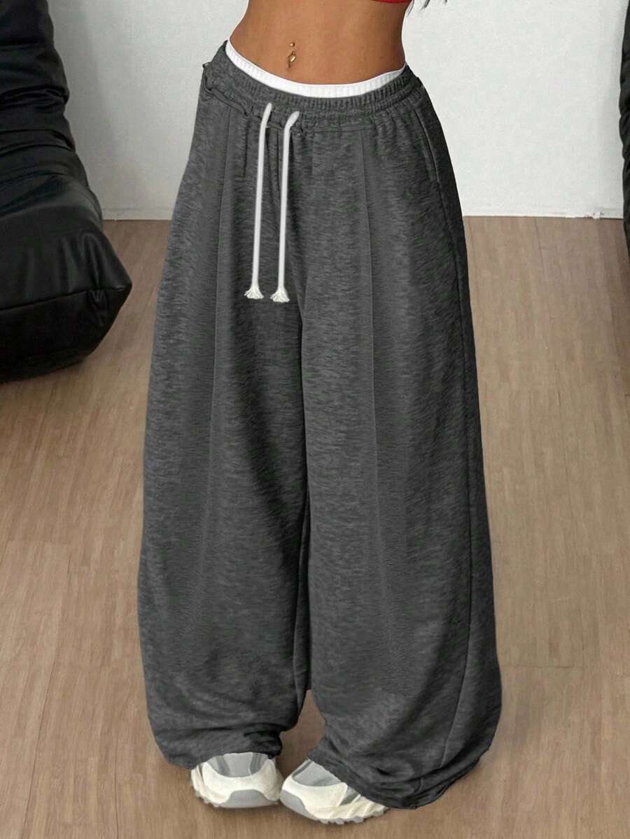 SHEIN Teen Girls' Loose Casual Comfortable Mid-Waist Contrast Color Drawstring Sweatpants, Autumn/Winter Wide Leg Sweatpants Comfy Pants Baggy Sweat Pants Loose Pants - Dark Grey - View 1