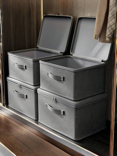 1PC Foldable Storage Bin With Zipper Handle Gray Polyester Linen Square Box With Lid Durable Multi Purpose For Clothes Toys Organizer Home Decor Bedroom Storage