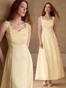 MOTF PREMIUM WOMEN'S SPRING/SUMMER SATIN CONTRAST LACE TRIM STRUCTURED A-LINE DRESS - Light Yellow - View 8