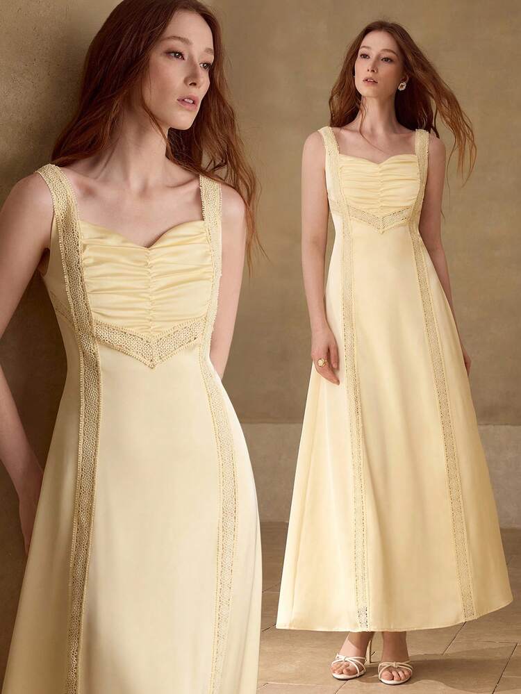 WOMEN'S SPRING/SUMMER SATIN CONTRAST LACE TRIM STRUCTURED A-LINE DRESS