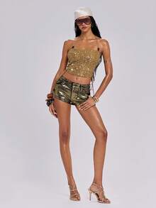 ROMWE Country Spring/Summer Avant-Garde Vacation Sexy Y2K Subculture Sequin Crochet Women Camisole - Mocha Brown - View 3
