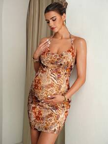 MaterniChic Pregnant Women's Sexy Floral Print Backless Halter Dress, Summer Summer Outfits  Elegant Dresses Graphic - Multicolor - View 1