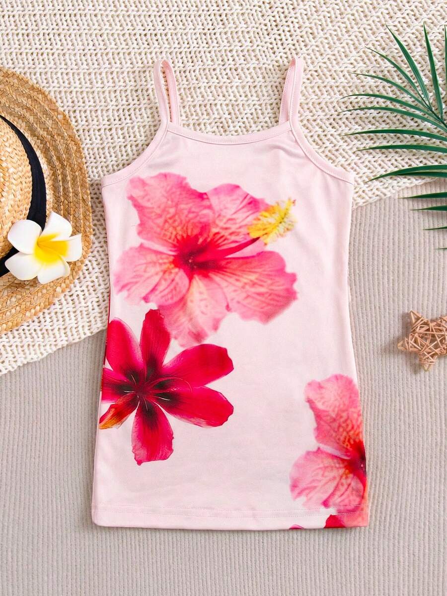 SHEIN 女婴夏季可爱碎花吊带修身连衣裙 - 粉色 - 查看 1