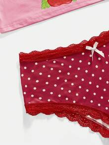 Strawberry Shortcake | ROMWE 女士撞色蕾丝卡通图案无钢圈文胸和波点蝴蝶结内裤套装 - 彩色 - 查看 4