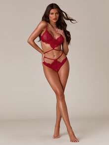 SHEIN BAE 素色蕾絲鏤空內衣套裝 - 酒紅色 - 查看 6