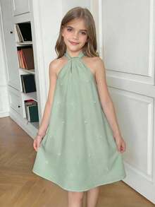SHEIN Tween Girl Elegant Solid Green Halter Neck Beaded Back Bow A-Line Sleeveless Dress Pearl Embellished Mint Summer Seafoam Pastel Classy Spring - Green - View 12