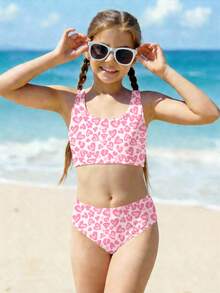 Tween Girl Casual Minimalist Heart Print Tankini Swimwear Set, Suitable For Summer - Multicolor - View 4