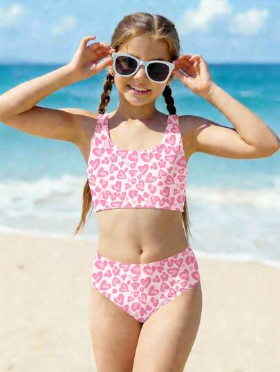 Tween Girl Casual Minimalist Heart Print Tankini Swimwear Set, Suitable For Summer