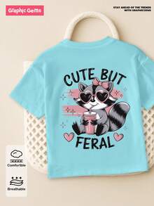 SHEIN Camiseta de manga corta y cuello redondo con gráfico de niña joven casual y linda bebiendo boba tea y un eslogan con corazón, para el verano - Azul - Ver 5