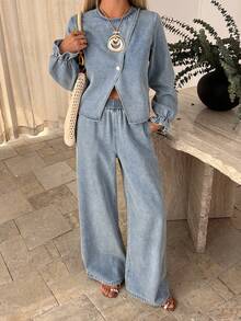 DAZY Conjunto informal de mujer con camisa de cuello redondo con cinturón y pantalón vaquero de pierna ancha, apto para boda o invitada, primavera/otoño - Azul lavado medio - Ver 5