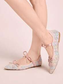 CUCCOO DOLLMOD Sepatu Flat Mary Jane Wanita Berwarna-warni dengan Bordir Bunga Jala, Modis, Pita Ganda, Lucu, Elegan, Sepatu Musim Semi - MultiWarna - View 3