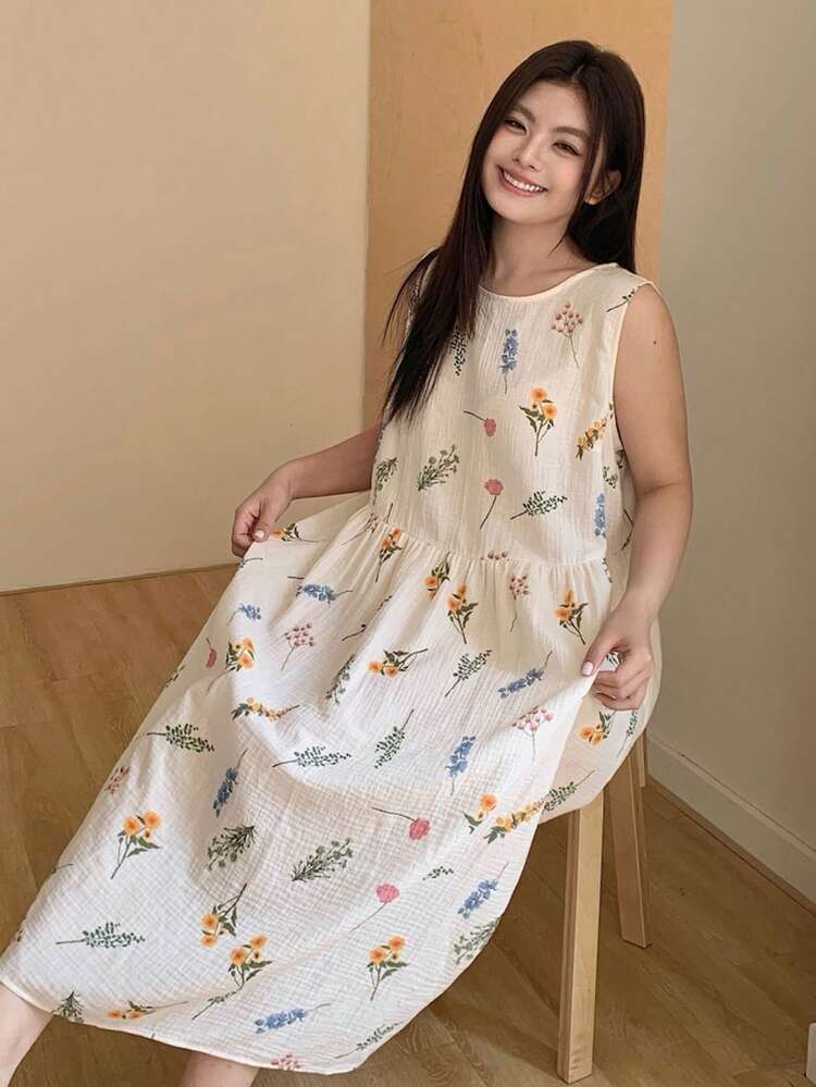Dazy Plus Floral Print Cute Round Neck Long Nightgown, Spring/Summer Sleepwear