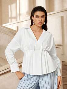 VOLUPTÉ CURVE Plus Size Women's Autumn/Winter White Top V-Neck Lapel Long Sleeve Waisted, Elegant Casual Vacation Business Office - White - View 6