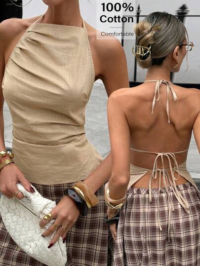 Siren Gaze 女士纯色褶皱设计时尚露背性感吊带上衣