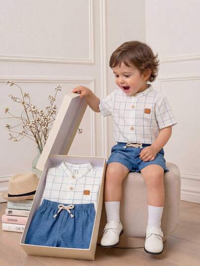 2pcs/Set Baby Boy Casual School Style Cute Plaid Collar Short Sleeve Shirt & Blue Casual Shorts Outfit, Summer