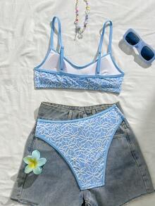Swim Mod 两件套女士夏季沙滩可爱甜美度假针织提花花卉吊带上衣和V领三角比基尼套装 - 藍色 - 查看 2