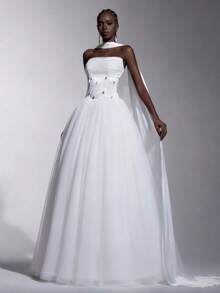 Elitara 优雅简约奶油色缎面拼接薄纱高低摆手工水晶荷叶边新娘婚纱，适合婚礼仪式、正式庆典、红毯活动、豪华招待会、户外森林海滩、正式场合等。 - 白色 - 查看 6