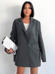 SHEIN Cottnline Women's Solid Color Notched Collar Double Breasted Long Sleeve Blazer For Autumn - Dark Grey - View 3