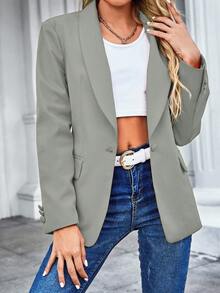 EURMUSE Shawl Collar Single Button Blazer Workwear  - Army Green - View 4