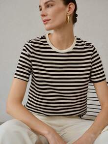 MOTF PREMIUM CAMISETA DE MUJER DE CUELLO REDONDO DE MANGA CORTA, BLUSA RAYADA CASUAL Y VERSÁTIL PARA EL VERANO - Negro - Ver 6