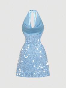SHEIN MOD Đầm xanh dương lấp lánh đính sequin, cổ xếp ly và nơ – Phong cách lãng mạn, thích hợp cho tiệc tùng, đám cưới, dã ngoại, hẹn hò, trang phục mùa hè và xuân cho nữ, kỳ nghỉ xuân, du lịch, dã ngoại, lễ hội, sinh nhật. - Màu xanh lam - Xem 2