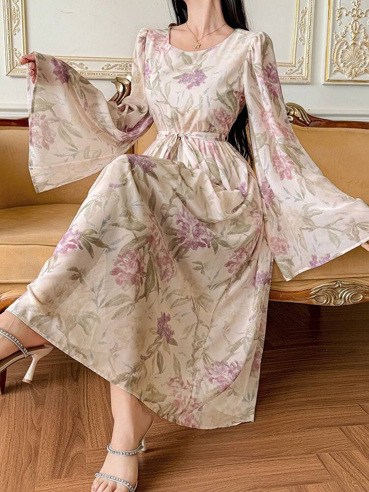 Women's Elegant Floral Print Round Neck Belted Mid-Length Dress, Summer Sundress Boho