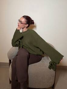 Abrilcols 棕色针织袖口系带宽松套头衫，秋冬 - 軍綠色 - 查看 4