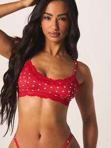MISSGUIDED Heart Print Bra And Thong Set With Lace Trim - Red - View 4