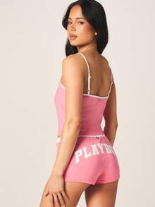 Missguided x Playboy Strappy Cami Top And Booty Shorts Pajama Set Summer Sleepwear Loungewear Two Piece Co Ord Set With White Contrast Trim - Multicolor - View 5
