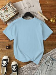 INAWLY 女士休闲健身印花圆领短袖T恤，春夏舒适女式上衣 - 藍色 - 查看 2