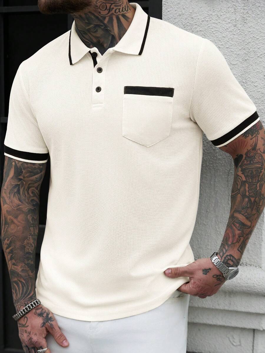 Manfinity Mode Áo Polo nam tay ngắn in họa tiết phối màu tương phản, phong cách cổ điển, thích hợp mặc hàng ngày, đi chơi cuối tuần, hoạt động ngoài trời, du lịch, môi trường làm việc thoải mái hoặc các dịp bán trang trọng, quà tặng cho bạn trai/chồng, quà kỷ niệm/sinh nhật, tiệc tùng, kỳ nghỉ hè, đám cưới, từ xuân sang hè, lễ Phục sinh. Áo Polo nam màu kem dệt kim kiểu waffle với viền đen và túi, tay ngắn, áo polo nam, áo màu kem nam, áo polo dệt kim cài nút nam, áo thun cổ chữ T nam, áo polo màu kem. - Màu be - Xem 1