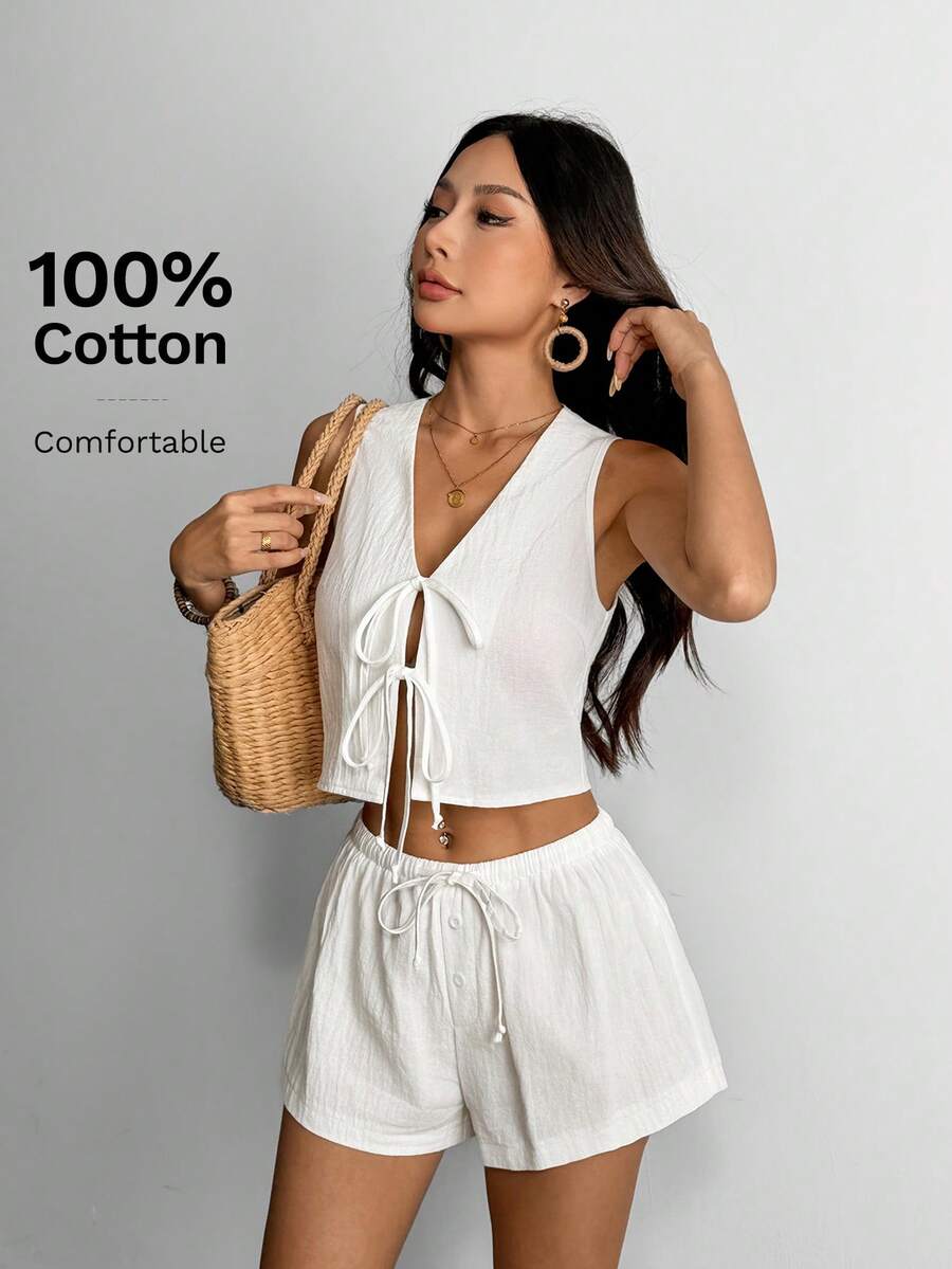 SHEIN PETITE Women's 100% Cotton 2 Pieces Set White Summer Boho Vacation Holiday Solid Color Tie Front Cropped Sleeveless Top And Shorts Casual Co Ord Outfit - White - View 1