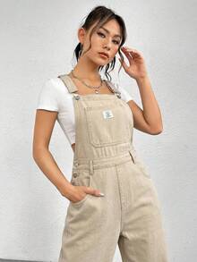 SHEIN EZwear 女士纯色贴袋休闲牛仔背带连体裤 - 卡其色 - 查看 3