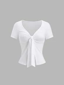 Sweetra 2件装女士纯色扭褶修身休闲短袖T恤 - 彩色 - 查看 8