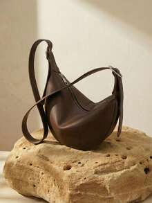 Arave Versatile Fashion Casual Distinctive Design Minimalist Solid Color Zipper Shoulder Saddle Bag, Large Capacity For Commuting - Brown - View 2