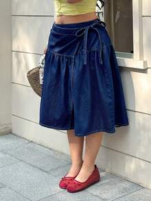 GalTyme Chân váy chữ A bằng vải denim thắt nút bên hông dành cho nữ cỡ lớn, thích hợp cho mùa xuân/hè. - Màu xanh lam - Xem 4