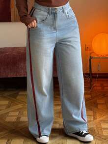 Dazy Plus Light Wash Blue Contrast Tape Patchwork Loose Wide Leg Jeans, Street Style, All Season - Light Wash - View 5