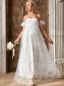 SHEIN 孕妇植物刺绣装饰露肩优雅连衣裙 - 白色 - 查看 5