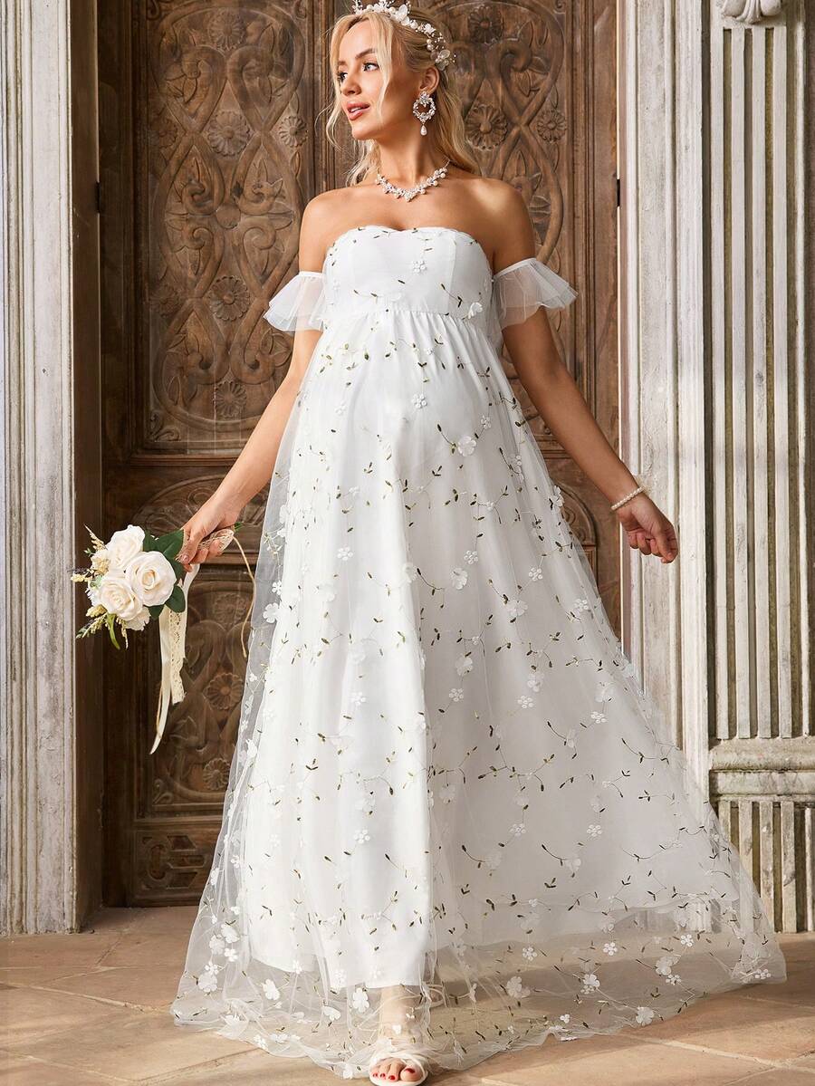 SHEIN 孕妇植物刺绣装饰露肩优雅连衣裙 - 白色 - 查看 1