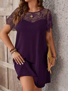 Reflora Plus Contrast Lace Scallop Trim Dress Evening Formal Wedding Guest Dark Purple Summer Elegant Curve - Purple - View 6